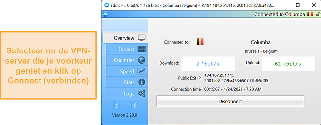 Screenshot van de verbindingsinterface van AirVPN.