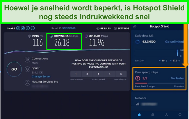 Screenshot van snelheidstestresultaten terwijl verbonden met de Hotspot Shield-interface