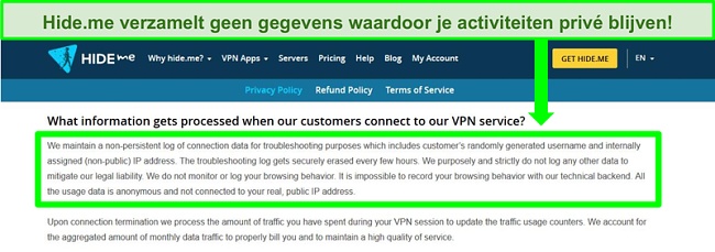 Screenshot van Hide.me privacybeleid waaruit blijkt dat er geen datalogs worden bijgehouden