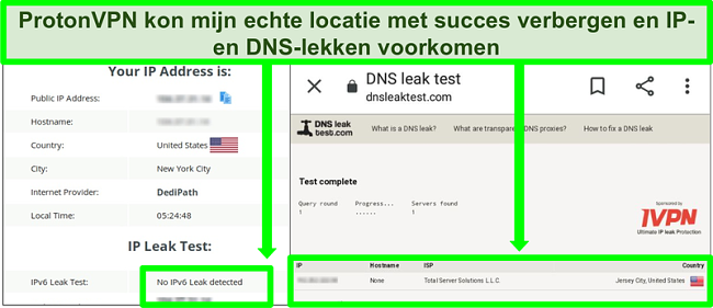 Screenshot van een DNS- en IP-adreslektest die geen IP-adreslekken laat zien tijdens verbinding met Proton VPN