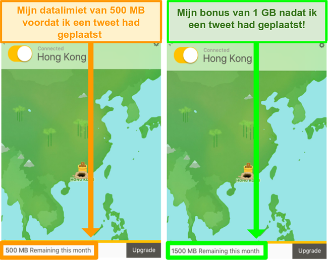 Screenshot van TunnelBear met 1GB extra data voor tweeten