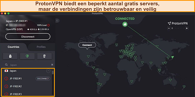 Screenshot van Proton VPN verbonden met een gratis server in Japan.