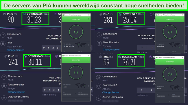Schermafbeeldingen van Ookla-snelheidstests met PIA verbonden met verschillende wereldwijde servers.