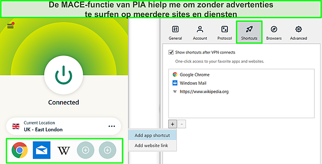 Screenshot van de Windows-app van ExpressVPN met de functie Snelkoppelingen gemarkeerd en het optiemenu geopend.
