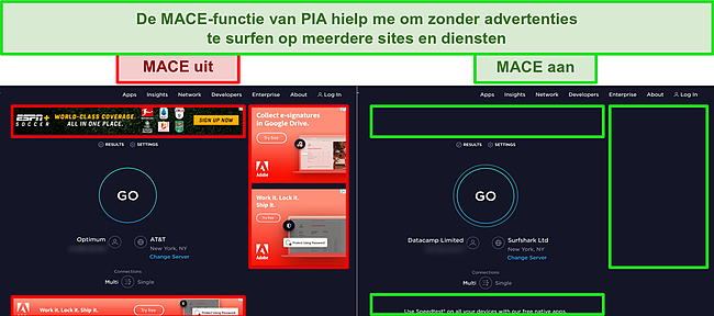 Screenshots van de Ookla-websites met PIA's MACE-functie aan en uit, wat het verschil in het aantal advertenties op elke pagina benadrukt.