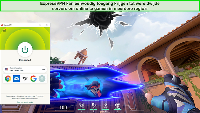 Screenshot van het online spel Valorant met ExpressVPN verbonden met een Amerikaanse server in New York.