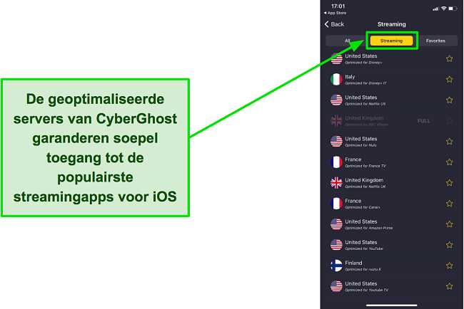 Een screenshot van de voor streaming geoptimaliseerde servers van CyberGhost