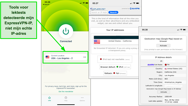 Een screenshot van ExpressVPN-test op lekken