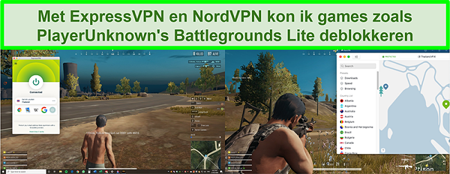 Vergelijkende schermafbeeldingen van een gebruiker die PlayUnknown's Battlegrounds Lite speelt terwijl hij is verbonden met respectievelijk ExpressVPN en NordVPN