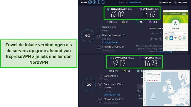 Screenshots van ExpressVPN en NordVPN verbonden met Britse servers, waarbij de resultaten van Ookla-snelheidstests aantonen dat ExpressVPN iets sneller is.