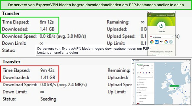 Screenshots van BitTorrent torrent-client met de downloadtijden voor 2 torrents, met ExpressVPN en NordVPN verbonden met Britse servers.