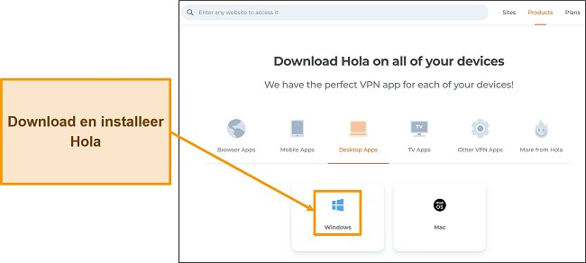 Screenshot van de downloadsectie van de Hola VPN-website