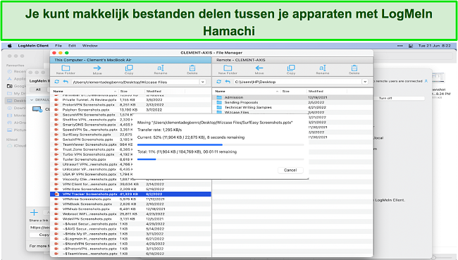 Screenshot van LogMeIn Hamachi die wordt gebruikt om bestanden te delen tussen mijn Mac en Windows-apparaten