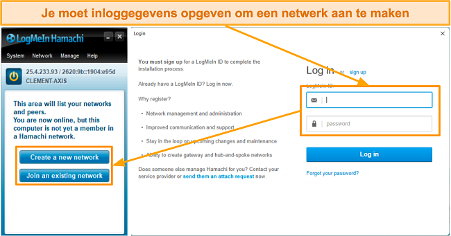 Screenshot van LogMeIn Hamachi's login- en netwerkaanmaakinterface