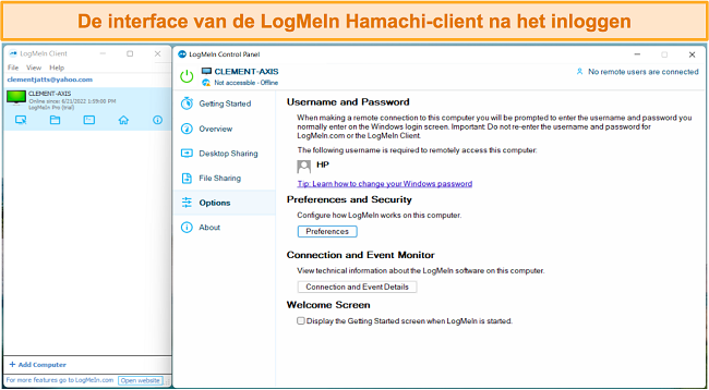Screenshot van de gebruikersinterface van LogMeIn Hamachi