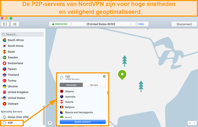 Screenshot van de P2P-servers van NordVPN op de Mac-app