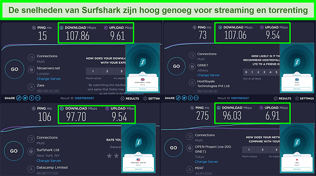 Schermafbeeldingen van Ookla-snelheidstestresultaten met Surfshark verbonden met verschillende wereldwijde servers