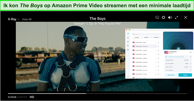 Screenshot van The Boys die spelen op Amazon Prime met Surfshark verbonden met een Amerikaanse server