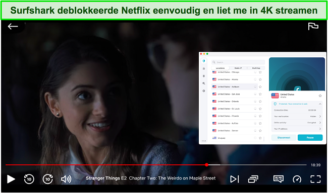 Screenshot van Stranger Things die wordt afgespeeld op Netflix terwijl Surfshark is verbonden met een Amerikaanse server