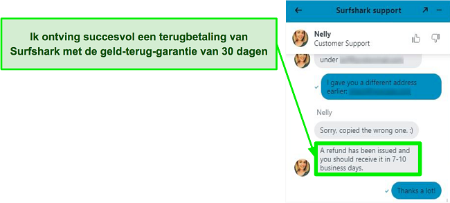 Screenshot van Surfshark live chat en een terugbetalingsverzoek
