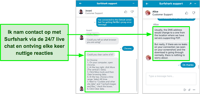 Screenshot van de 24/7 live chatfunctie van Surfshark met advies voor het oplossen van problemen met Netflix US en torrenting