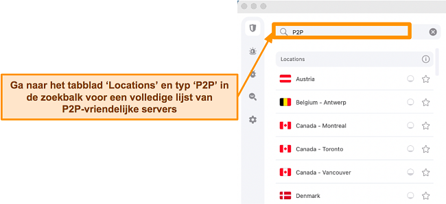 Screenshot van de P2P-servers van Surfshark in de Mac-app