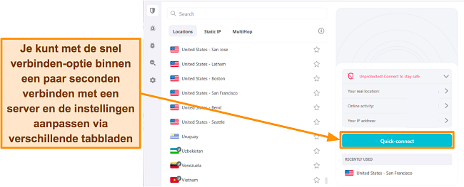 Screenshot van de server en verbindingsinterface van Surfshark
