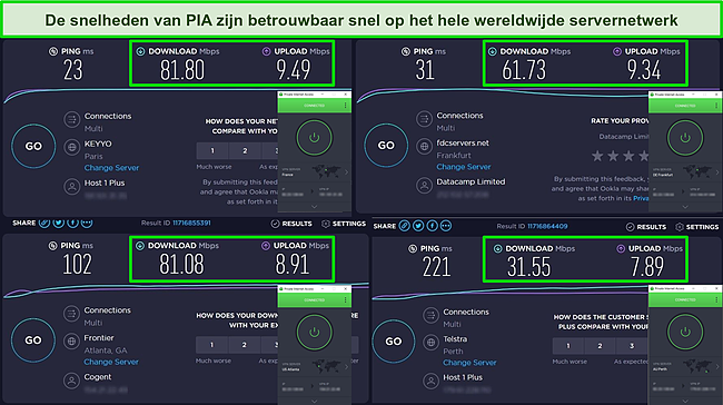 Screenshot van Ookla-snelheidstestresultaten met PIA verbonden met servers in Frankrijk, Duitsland, de VS en Australië.