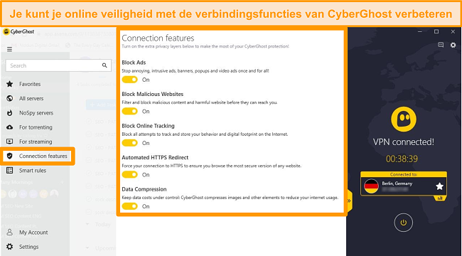 Screenshot van CyberGhost-verbindingsfuncties om de online beveiliging te verbeteren.