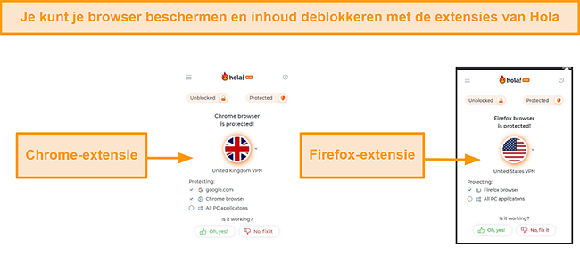 Screenshot van Hola VPN's Chrome- en Firefox-browserextensies