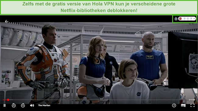 Screenshot van Hola VPN die The Martian op Netflix US deblokkeert