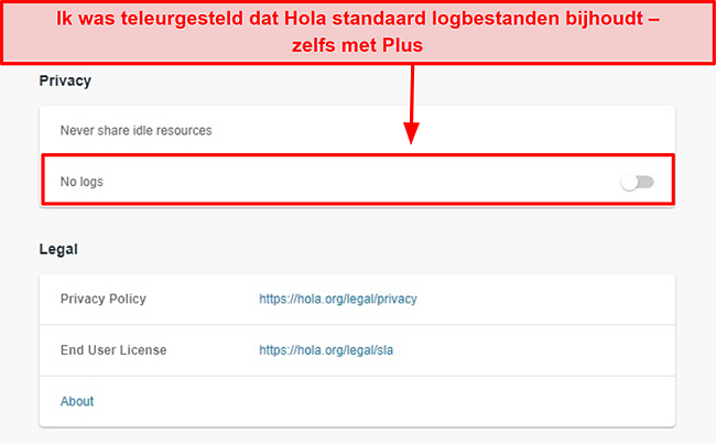 Screenshot van Hola VPN's geen logs-instelling