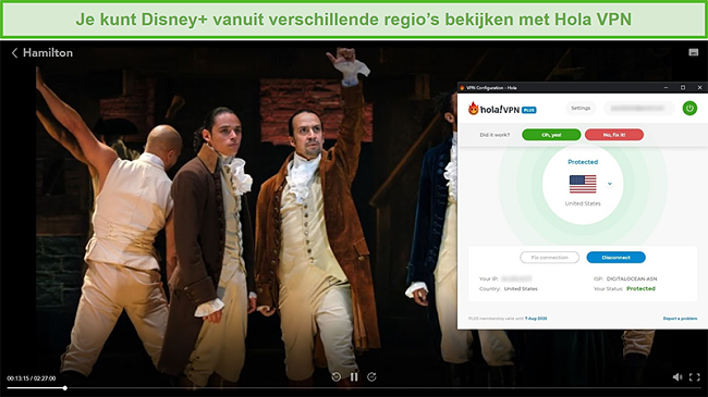 Screenshot van Hola VPN die Hamilton op Disney + deblokkeert