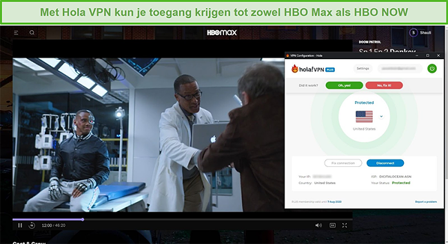 Screenshot van Hola VPN die Doom Patrol op HBO Max deblokkeert