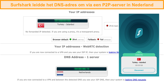 Screenshot van lektestresultaten met Surfshark verbonden met een server in Turkije en DNS-server in Nederland