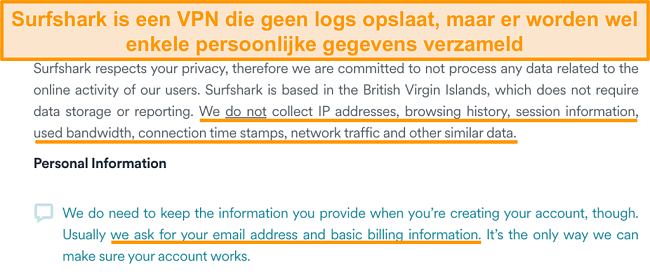 Screenshot van het privacybeleid van Surfshark
