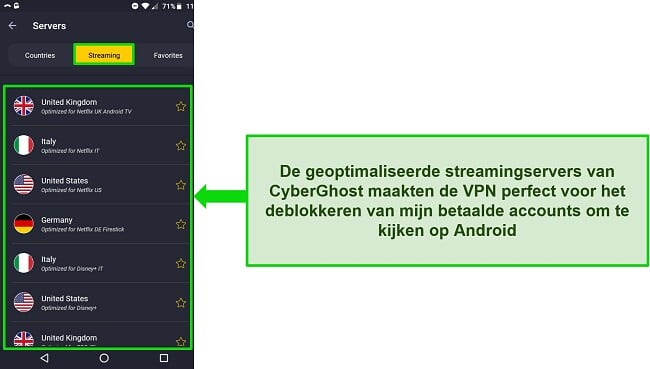 Screenshot van het streamingservermenu van CyberGhost op Android