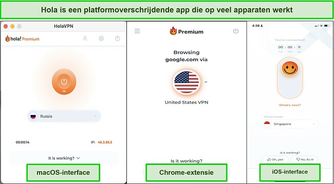 Screenshot van de Hola VPN-interface op compatibele apparaten