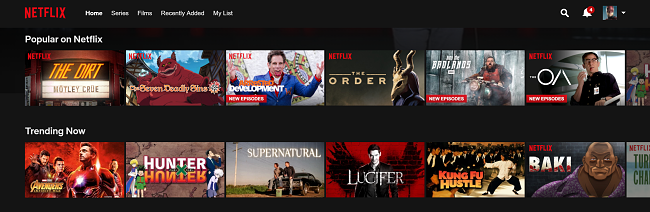 Screenshot of Netflix user interface showing list of shows that are Popular and Trending on Netflix