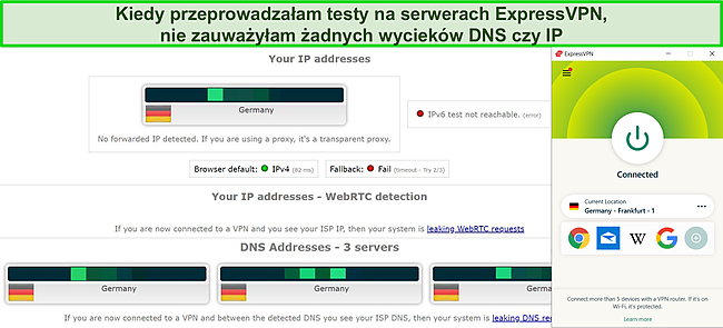 Zrzut ekranu testu szczelności DNS i IP na niemieckim serwerze ExpressVPN.