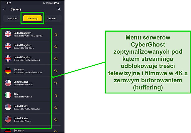Zrzut ekranu serwerów zoptymalizowanych pod kątem przesyłania strumieniowego w aplikacji CyberGhost na Androida.