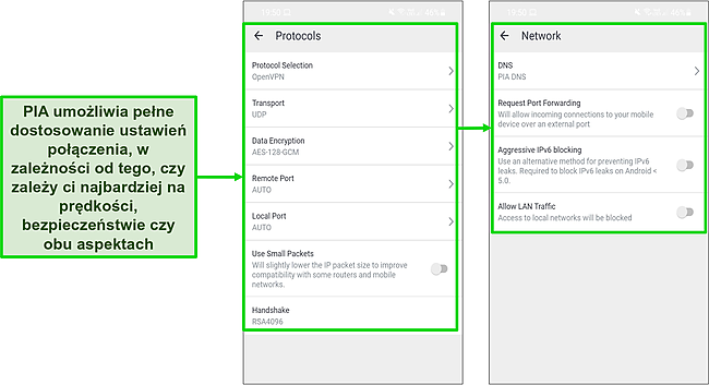 Zrzut ekranu ustawień zabezpieczeń PIA na Androidzie.