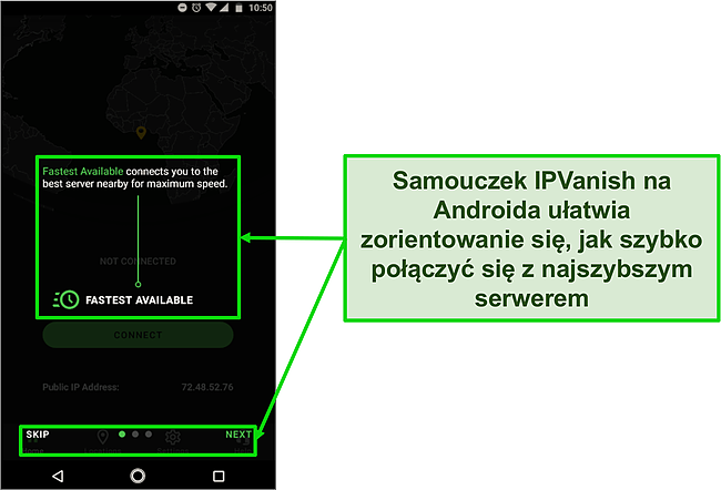 Zrzut ekranu wprowadzającego samouczka IPVanish na Androida.