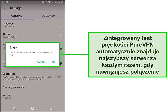 Zrzut ekranu komunikatu ostrzegawczego Speed Test w aplikacji PureVPN na Androida.