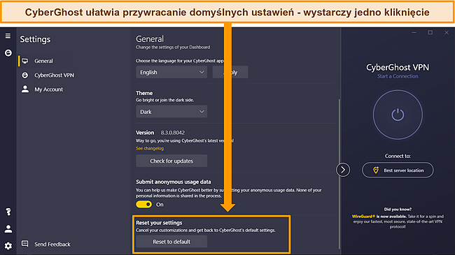 Zrzut ekranu aplikacji CyberGhost Windows z jej.