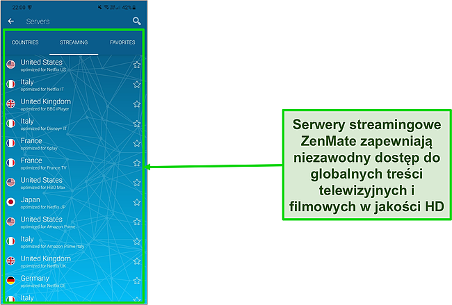 Zrzut ekranu listy serwerów ZenMate zoptymalizowanych pod kątem przesyłania strumieniowego na Androida.