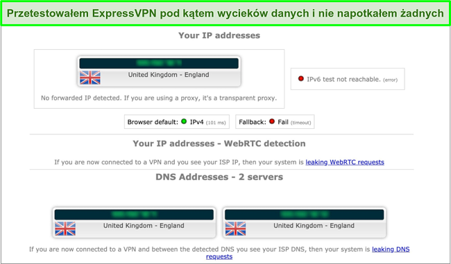 Zrzut ekranu z wynikami testu szczelności ExpressVPN podczas połączenia z serwerem w Wielkiej Brytanii