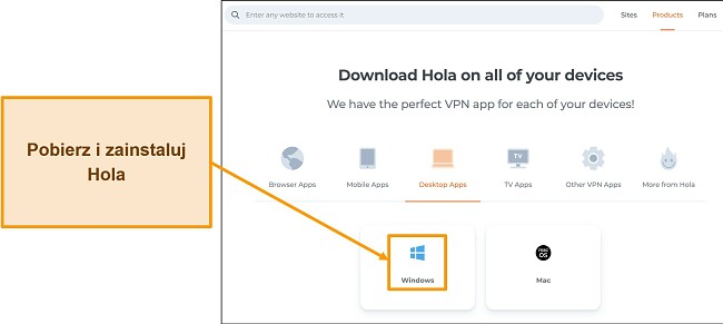 Zrzut ekranu przedstawiający sekcję pobierania aplikacji na stronie internetowej Hola VPN