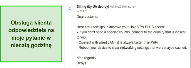 Zrzut ekranu odpowiedzi obsługi klienta