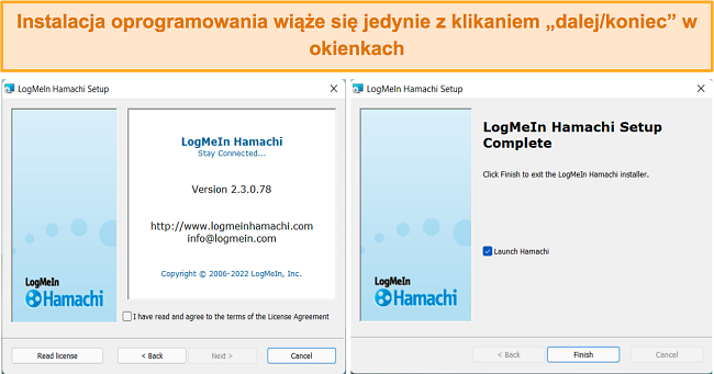 Zrzut ekranu przedstawiający proces instalacji LogMeIn Hamachi